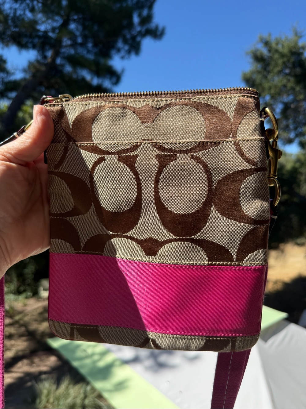 Coach Crossbody Bag #10129 khaki Tan bright Pink - Signature - Stripe Swingpack - Picture 8 of 16